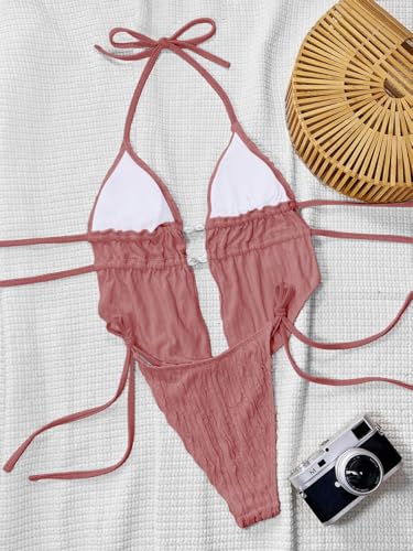 Image of RoseSeek Women's 2 Piece Boho Polka Dots Beaded Bikini Sets Sexy Swimsuits | Halter Swimsuits, Backless, Textured, Tie Side, Tankini Set, Bathing Suits, Summer, Vacation