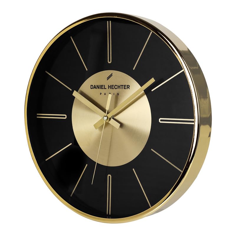 Image of Daniel Hechter Paris Seine Collection Wall Clock, Silent Sweep Non-Ticking,12 inch(30cm) HD Glass Black Dial, Gold Aluminum Face & Metal Frame, Modern Decorative Clock for Home & Office - DHCL1004