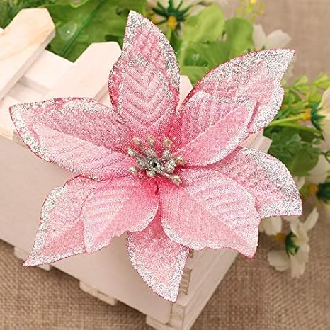 Amazon Com Zorpia Poinsettia Christmas Decorations Glitter Poinsettia Flowers For Christmas Tree Decorations 12pack Pink Home Kitchen