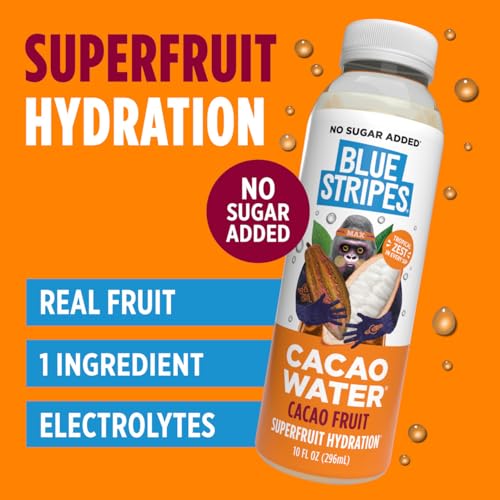 Image of Blue Stripes Cacao Water - Hydration Drink with Natural Electrolytes & Antioxidants | Cold Pressed Juice and Water with No Sugar Added | Plant Based, Non GMO | Cacao Fruit 10 Fl Oz (12 Pack)