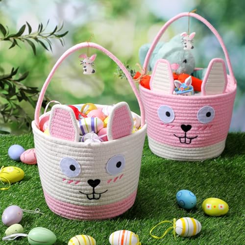 Image of Zopeal 2 Pcs Pink Easter Baskets Woven Rope Bunny Gifts Basket with Ears Large Empty Egg Storage Basket for Easter Party, 9.8 x 7.8 x 7.8 Inch