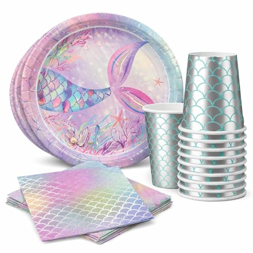 Image of Wanna Party 40Pcs Mermaid Theme Birthday Decorations Under the Sea Party Tableware Includes Mermaid Plates, Mermaid Napkins and Mermaid Cups for Mermaid Theme Party Decorations