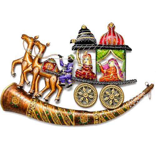 Image of iHandikart Traditional Rajasthani Metal Wall Art for Living Room | Handmade Royal Horse Cart Wall Sculpture with Musical Folk Design| Decorative Hanging Wall Decor for Home, Hall & Bedroom, 24*45 Inch