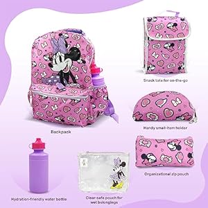 Fast forward minnie mouse backpack with lunch box 16 inch 6 piece set minnie mouse bookbag perfect for back to school elementary age girls  urban country home decor