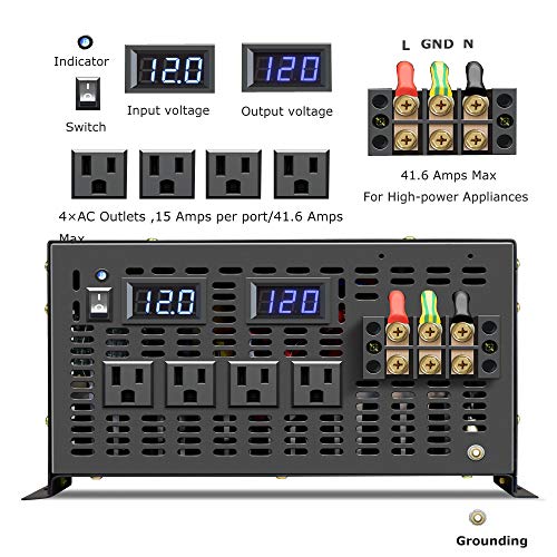 Reliable 5000W Continuous Power Heavy Duty Pure Sine Wave Power Inverter DC 12V to AC 110V 120V with 4 AC Outlets 41Amps Hardwire Terminal and LED Display for RV Car Solar System Emergency