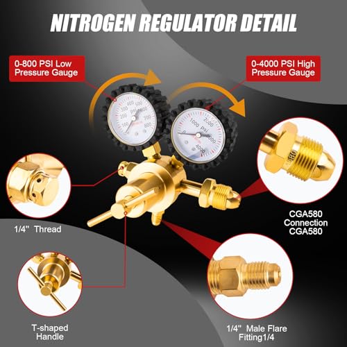 Siasky Nitrogen Regulator with 1/4-Inch Male Flare Outlet, 0-800 PSI Delivery Pressure, 78.7" Hose - Brass CGA580 Inlet, HVAC Nitrogen Tank Regulator Kit for AC Pressure Testing by Siasky - Image 2