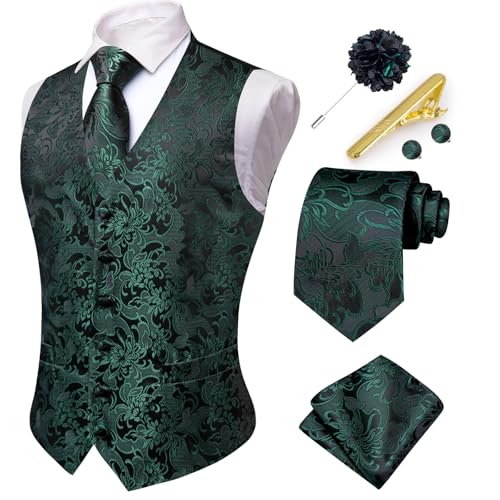 Hi-Tie Herren Anzugweste Seidenweste und Krawatte Set Paisley Weste Krawatte Einstecktuch Set für Hochzeit Smoking, Dunkelgrün, Large Hi-Tie Herren Anzugweste Seidenweste und Krawatte Set Paisley Weste Krawatte Einstecktuch Set für Hochzeit Smoking, Dunkelgrün, Large