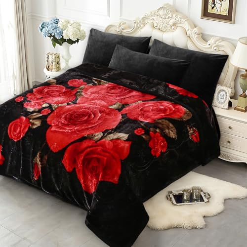 Image of JYK Soft Blanket Korean Mink Blanket, 5.7 LB Fleece Blanket King 83'' x 91'' - 2 Ply Reversible 520GSM Super Soft Plush, Medium Thick, Warm Bed Blanket for Autumn Winter - Peony /Rose