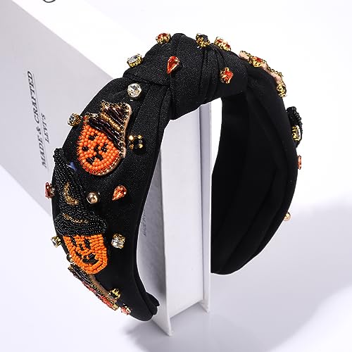 Hswe Halloween Headband For Women Rhinestone Knotted Headbands Witch Hat Pumpkin Spider Crystal Embellished Top Knot Hairband thumb #2