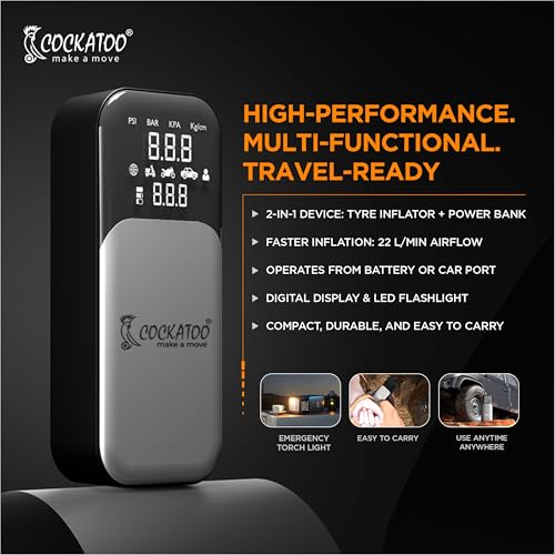 Image of Cockatoo 9166 Tyre inflator High-Power Portable Air Compressor Pump, 80W, 21mm Cylinder, 3x2000mAh Battery, Fast Inflation in 7-8 Minutes, LED Display, Preset Tire Pressure, SOS, USB Charging