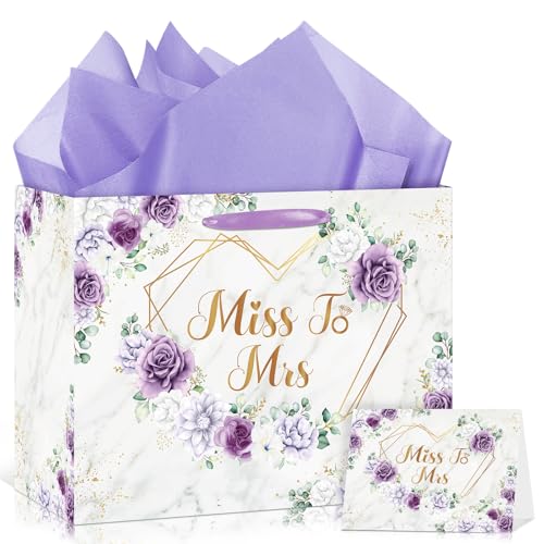 Yomaiha Purple Bridal Shower Gift Bag Wedding Miss to Mrs Gifts Bag with Tissue and Card Bridal Shower Gift Wrapping Paper Bag Floral Boho Wedding Gift Bags Bride Engagement Bachelorette Party Bag