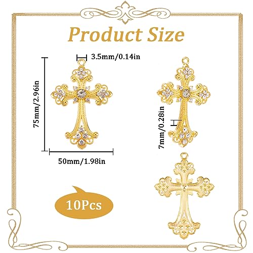 SUNNYCLUE 1 Box 10Pcs Gold Cross Charms Bulk Big Gothic Cross Charm Gold Rosaries Mini Alloy Rhinestone Crystal Center Crosses Dangle Charm for jewellery Making Charms DIY Necklace Earring Adults - Image 2