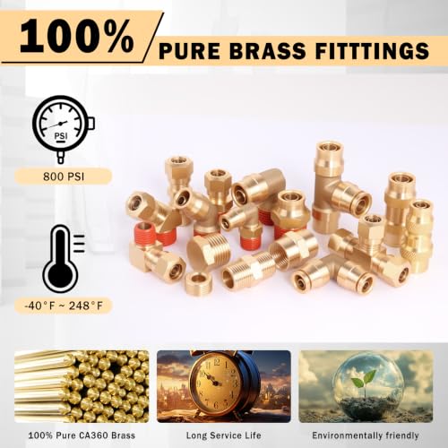 Image of CheeMuii 300 Pcs Brass DOT Air Line Fittings with Brass Pipe Fittings Kit Push Lock DOT Air Fittings Push to Connect Fittings 1 /8 inch 1 /4 inch 3 /8 inch 1 /2 inch Quick Connect Air Hose Fittings Assortment