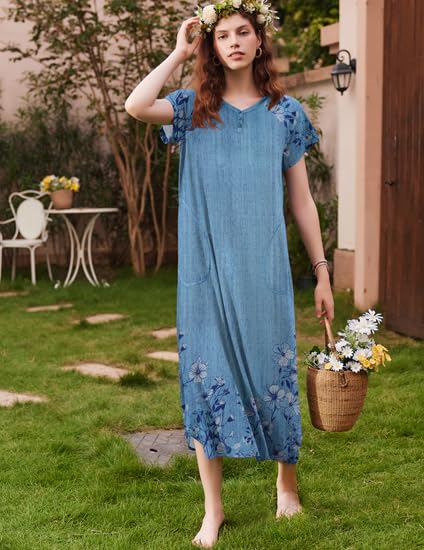 Image of Ekouaer Long Nightgown Women's Loungewear Short Sleeve Sleepwear Full Length Sleep Shirt with Pockets