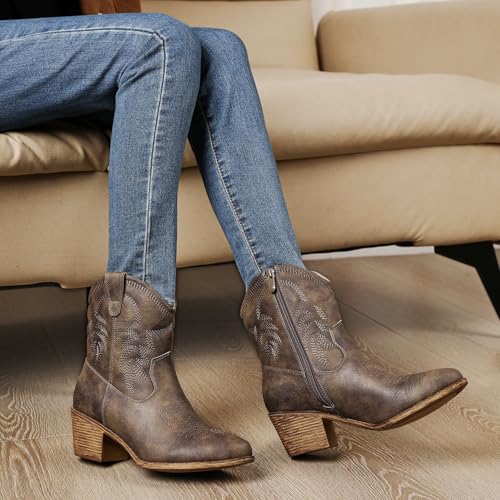 Image of GLOBALWIN Women's Cowgirl Boots Ankle Brown Cowboy Boots With Embroidered Stitching Low Heel Comfortable Western Boots For Country Outfits
