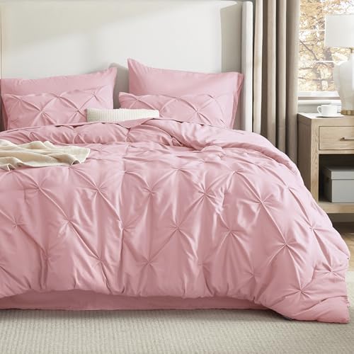 Image of Bedsure Queen Comforter Set Baby Pink - Bed in a Bag Queen Size Bedding 7 Pieces, GentleSoft Pintuck Bed Set Gift for Family, All Season Down Alternative Comforter with Sheets, Pillowcases & Shams