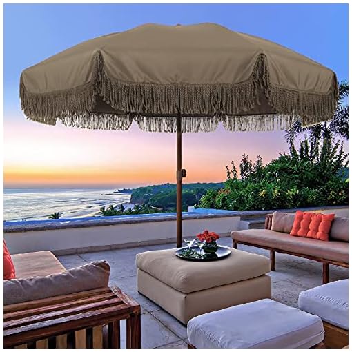 AMMSUN 7ft Patio Umbrella with Fringe Outdoor Tassel Umbrella UPF50+ Wood Color Steel Pole and Steel Ribs Push Button Tilt