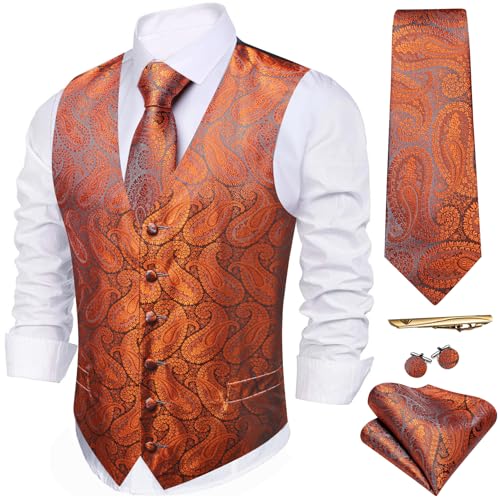 Image of Barry.Wang Men's Suit Vest Formal /Leisure Paisley Jacquard Silk Tie Pocket Square Waistcoat Set Wedding 5PCS