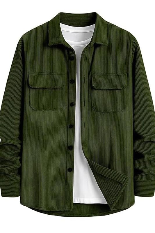 Image of DEELMO Men's Full Sleeve Corduroy Shirt | Stylish Textured Casual Button-Down Shacket for Autumn Winter | Dual Pocket Front Design | Ideal for Layering and Daily Outfits