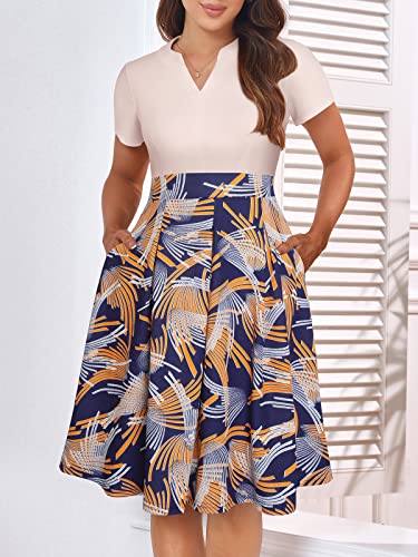 Image of YATHON Womens Elegant Print Notched Neck Slant Pocket Pleated Hem Casual A-Line Dress
