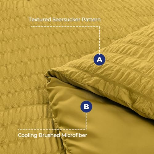 Image of HYMOKEGE Mustard Yellow Twin XL Comforter Set Seersucker 5 Pieces, All Season Luxury Bed in a Bag for Bedroom, Bedding Set with Comforter, Sheets, Pillowcase & Sham