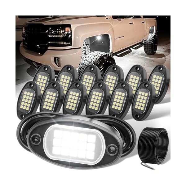 YONEDA 12 Pods White Rock Lights 6000K Ultra Bright LED Neon Underglow Lights IP68 Waterproof for Trucks SUV UTV ATV RZR Car Boats Pickup Motorcycle with 32.8in Extension Wire