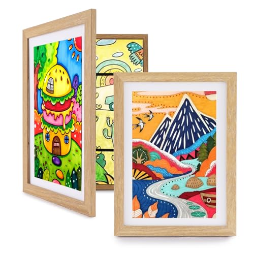 LEMON CLOUD Lot de 2 Cadres pour Dessins D'enfants, Peut Accueillir Jusqu'à 70 Images Colorées, A4 MDF Ecologique, Plaque Acrylique, Couleur Bois