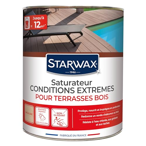 STARWAX Saturateur Haute Protection pour Terrasses en Bois Incolore - 1L - Idéal pour Nourrir et Protéger le Bois - Résiste aux UV - Anti-Tache -...