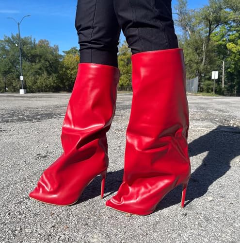 Liliana Women Fold Over Boots Knee High Pointed Toe Stiletto Heel Slouchy Boots3