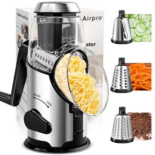 Comparison: Best Cheese Grater Rotary 8 Airpro Rotary Cheese Grater with Handle - Vegetable Shredder with 3 Stainless Steel Blades & Strong Suction Base,Round Mandoline Slicer & Food Chopper for Kitchen