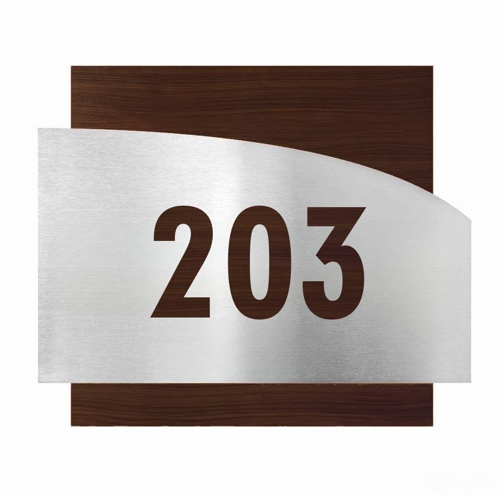 HOTEL DOOR NUMBER PLATE - 203| Laser cut dark wood texture board and Silver Acrylic smooth finish plate | Easy installation type double sided tape fixed on backside-image-30