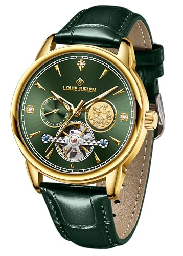 LOUIE JUELEN Montre mécanique automatique pour homme avec cadran vert et boîtier doré, diamants synthétiques, bracelet en cuir, affichage jour-date,...