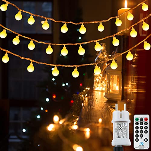 Catena luminosa a sfera, 80 LED, 9 m, con spina, 8 modalità luminose, per Halloween, matrimoni, feste, giardino (bianco caldo)