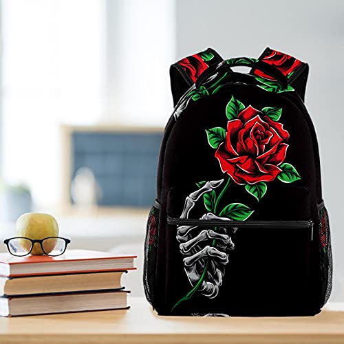 Niaocpwy Skeleton Hand Holding Red Rose School Backpack Medium Size, Travel Bag For Women Girls Men Boys Teens #TOP5