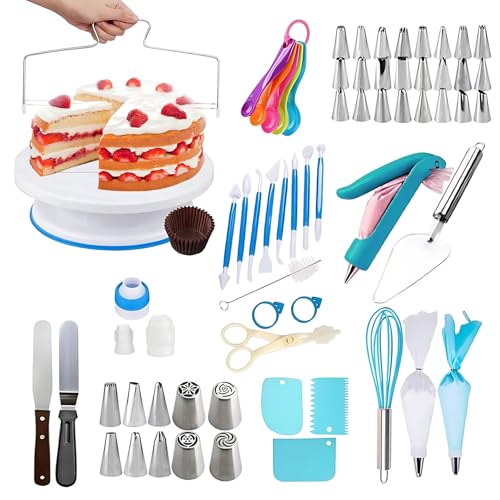 207PCS Cake Decorating Kit, Revolving Cake Turntable, Piping Tip, Pastry Piping Bag, Icing Smoother And Other Accessories, Cake Baking Supplies For Beginners, Blue