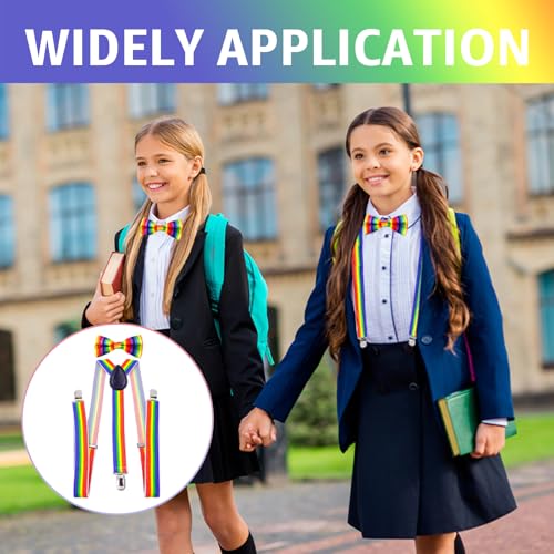 Lpolkvemelh 2 Stück Kinder Hosenträger Fliege Sets, Elastische Y-Form Hosenträger Verstellbar mit Regenbogen Streifen Accessoire für Arbeitshosen Skihose Motoradhose Fest lustig Jungen und Mädchen