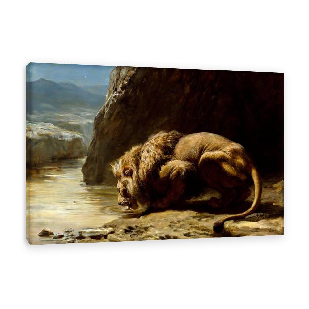 Hau3sh3a Unframed Briton Riviere Wall Art Famous Painting Reproductions The King Drinks Prints On Canvas Lion Briton Riviere Artwork Wall Decor For Living Room Bedroom Home Decor 60X40cm(24X16in) Frame