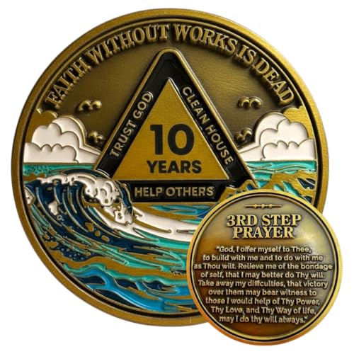 10 Year Waves Sobriety Coin - Third Step Prayer AA Medallion Premium Recovery Token for Anniversaries Sponsor & Sponsee Gifts Ten Years Sober Milestone Chip for Women and Men