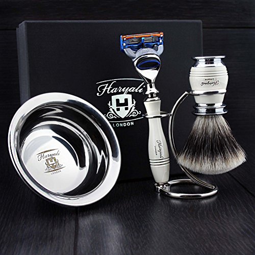 Haryali London 4 Pc Mens Shaving Kit 5 Edge Razor With Silver Tip Badger Hair Shaving Brush, Stand and Stainless Steel Bowl Perfect Set For Men