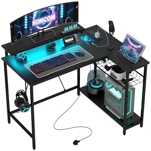 HOMCOM L Shaped Gaming Desk with LED Lights, Power Outlet, USB Ch...