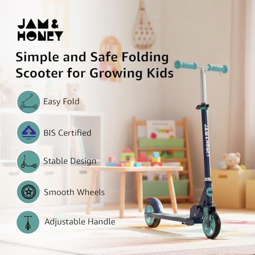 Image of Amazon Brand - Jam & Honey Kids Kick Folding Scooter for Kids (2+ Years) | 3- Step Height Adjustable Handle, Smooth Bearing Wheels & PVC Tyres | BIS Certified | Teal Blue