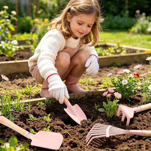 Image of Kids Gardening Set with Wheelbarrow, Metal Kid Gardening Tools Set with Long Handle Tool, Hand Tool & Gloves, Backyard Gardening Tools for Kids Outdoor Play Birthday Gifts