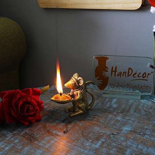 phareLamp Presents Brass Home Decor Ganesha'S Mouse Holding Oil Lamp Diya (Golden, 1.5 X 3.5 X 3 Inch) #A156