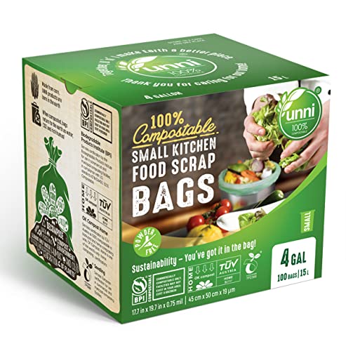 Unni 100% Compostable Bags, 4 Gallon, 15 Liter, 100 Count, Extra Thick 0.75 Mil, Food Scrap Bags, Small Compost Bin Compatible, Astm D6400, Us Bpi And Europe Ok Compost Home Certified, San Francisco #TOP1