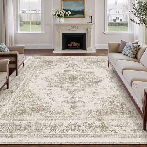 HUGEAR Vintage Waschbarer Teppich 300x400 kurzflor Wohnzimmer Retro Beige Wohnzimmer Rugs for Living Room Weich rutschfest Groß Tepich Schlafzimmer Carpet Living Room Bedroom Esszimmer Teppi