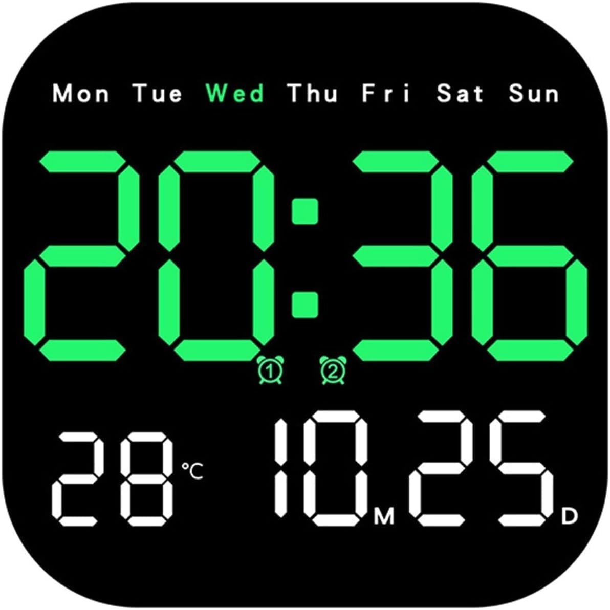 9" Large Digital Wall Clock with LED Display – Green Digits, Temperature, Auto Dimming, 10-Level Brightness, Dual Alarm, Tabletop or Wall Mount for Home, Office, Living Room