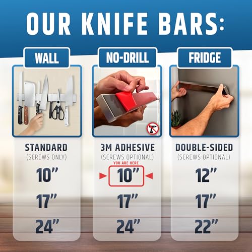 Image of 10 inch Strong Adhesive (No Drill) Magnetic Knife Holder for Wall - Professional Knife Strip - No Screws Needed - Adhesive Backing - Stainless Steel Bar (Upgraded Version - Will Not Fall)