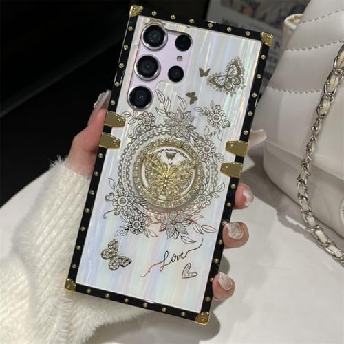 Coque Samsung S22 Plus Aurora Blanc avec Support Bague Fleur et Papillon