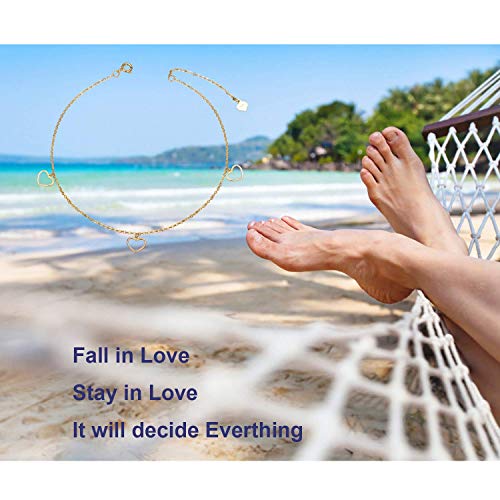 14K Gold Anklets For Women, Yellow Gold Heart Ankle Chain Bracelet Love Jewelry For Her, Girls， 8"-10" #TOP5