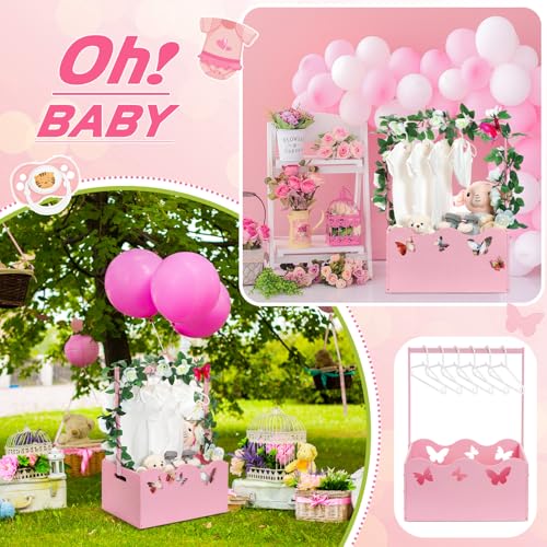 Image of Suzile Baby Shower Basket Wooden Crate Closet Storage with Handle Baby Registry Hamper Pregnancy Gift for New Parent(Butterfly,Pink)
